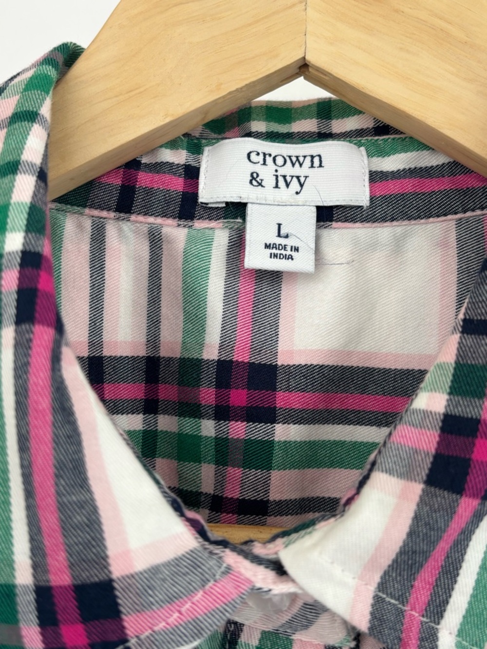 Crown & Ivy, size large, blue, green, pink plaid long sleeve shirt - Picture 4 of 6